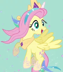 Size: 540x620 | Tagged: safe, derpibooru import, screencap, fluttershy, princess celestia, pegasus, pony, testing testing 1-2-3, celestia costume, celestia's crown, clothes, cosplay, costume, cropped, crown, fake horn, female, flying, jewelry, mare, peytral, regalia, shylestia, solo