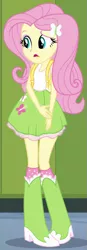 Size: 251x725 | Tagged: safe, derpibooru import, screencap, fluttershy, equestria girls, equestria girls (movie), backpack, boots, clothes, cute, high heel boots, lockers, shoes, shyabetes, skirt, socks, solo