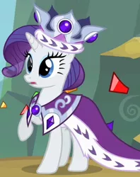 Size: 400x504 | Tagged: clothes, costume, crown, derpibooru import, dress, gem, hearth's warming eve (episode), jewelry, open mouth, princess, princess platinum, raised hoof, rarity, regalia, royalty, safe, screencap, solo