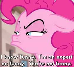 Size: 550x500 | Tagged: caption, derpibooru import, floppy ears, frown, glare, image macro, i'm watching you, pinkie pie, reaction image, safe, screencap, solo, text, the cutie map, unamused, when she doesn't smile