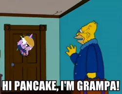 Size: 526x405 | Tagged: alicorn, caption, castle sweet castle, crossover, derpibooru import, edit, grampa simpson, image macro, i'm pancake, meme, safe, text, the simpsons, twilight sparkle, twilight sparkle (alicorn)