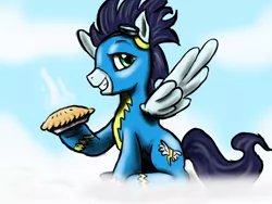 Size: 1024x768 | Tagged: artist:silver-mane1, backwards cutie mark, clothes, derpibooru import, food, goggles, hoof hold, pie, safe, sitting, smiling, smirk, soarin', solo, that pony sure does love pies, uniform, wonderbolts uniform