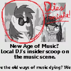 Size: 528x528 | Tagged: artist:herooftime1000, derpibooru import, newspaper, octavia in the underworld's cello, octavia melody, pixel art, semi-grimdark, vinyl scratch