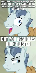 Size: 550x1100 | Tagged: caption, derpibooru import, exploitable meme, i didn't listen, image macro, meme, meta, no fun allowed, party favor, reaction image, safe, screencap, solo, text, vulgar