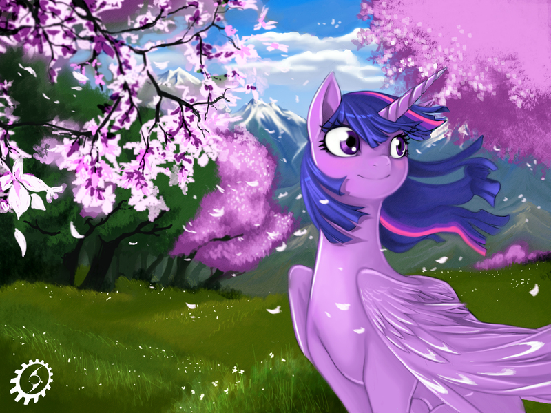 Size: 4096x3072 | Tagged: safe, artist:blackrunewarlock, derpibooru import, twilight sparkle, twilight sparkle (alicorn), alicorn, pony, cherry blossoms, female, flower, flower blossom, mare, scenery, solo