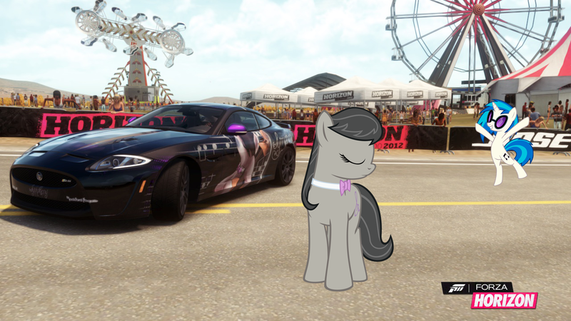 Size: 1280x720 | Tagged: safe, artist:equestianracer, derpibooru import, octavia melody, vinyl scratch, pony, car, female, ferris wheel, forza horizon, itasha, jaguar (car), jaguar xk, lesbian, scratchtavia, shipping