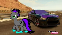 Size: 1280x720 | Tagged: safe, artist:equestianracer, derpibooru import, oc, oc:moonshine, unofficial characters only, pony, unicorn, alcohol, car, dodge (car), dodge charger, dodge charger srt8, forza horizon, moonshine, solo