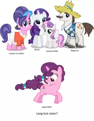 Size: 4152x5336 | Tagged: absurd resolution, caption, cookie crumbles, cookieflanks, derpibooru import, female, hondo flanks, image macro, male, meme, rarity, rarity's parents, safe, separated at birth, shipping, straight, sugar belle, sweetie belle, text