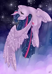 Size: 2480x3507 | Tagged: safe, artist:sugarcubecake, derpibooru import, twilight sparkle, twilight sparkle (alicorn), alicorn, pony, eyes closed, female, flying, mare, solo