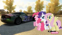 Size: 1280x720 | Tagged: safe, artist:equestianracer, derpibooru import, fluttershy, pinkie pie, rarity, pony, car, dodge (car), dodge viper, forza horizon, group, itasha, srt viper, trio