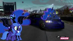 Size: 1280x720 | Tagged: apple, artist:equestianracer, car, derpibooru import, dodge (car), dodge viper, dodge viper acr, female, filly, food, forza horizon, lunar trinity, night, nightmare moon, princess luna, safe, woona, younger