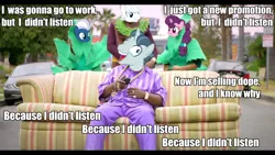 Size: 1920x1080 | Tagged: afroman, because i got high, caption, couch, derpibooru import, double diamond, edit, equal four, exploitable meme, i didn't listen, image macro, meme, night glider, party favor, safe, sugar belle, text