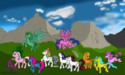 Size: 1920x1152 | Tagged: applejack (g1), artist:lelunae, bowtie (g1), bubbles (g1), cotton candy (g1), derpibooru import, ember (g1), everypony, firefly, first born, g1, glory, medley, moondancer (g1), mountain, rescue at midnight castle, safe, scenery, twilight sparkle, twinkles