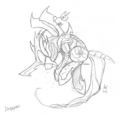 Size: 1024x1042 | Tagged: safe, artist:poniesofthekeene, derpibooru import, ponified, dark eldar, eldar, parasprite, pony, drazhar, monochrome, spikey bits, warhammer (game), warhammer 40k