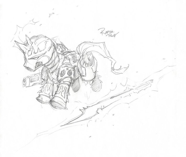 Size: 1024x865 | Tagged: safe, artist:poniesofthekeene, derpibooru import, ponified, pony, armor, chaos raptor, chaos space marine, flying, monochrome, power armor, space marine, warhammer (game), warhammer 40k