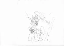 Size: 1024x745 | Tagged: safe, artist:poniesofthekeene, derpibooru import, ponified, eldar, pony, avatar of khaine, monochrome, sketch, sword, wailing doom, warhammer (game), warhammer 40k, weapon