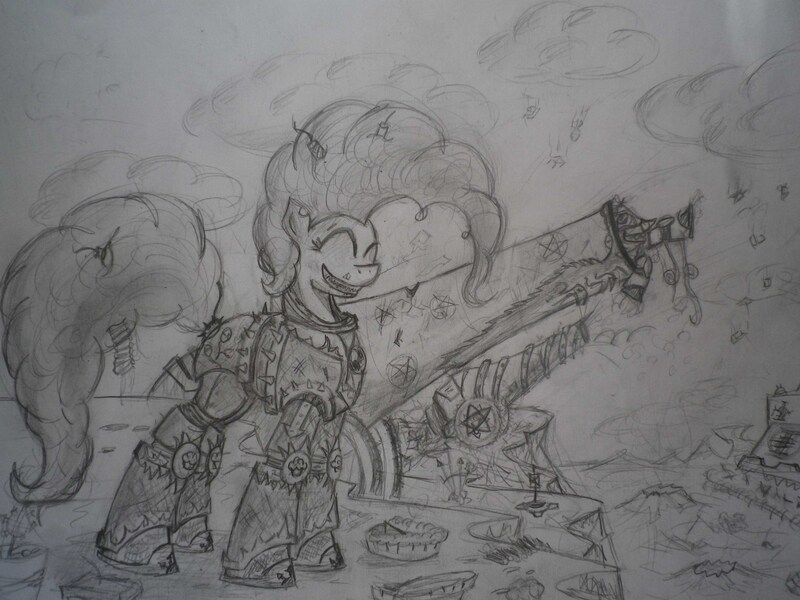 Size: 4000x3000 | Tagged: armor, artist:panzerwaffe, cannon, chaos, crossover, derpibooru import, food, party cannon, pie, pinkie pie, power armor, safe, traditional art, warhammer 40k, warhammer (game)