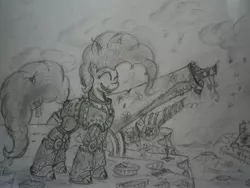 Size: 4000x3000 | Tagged: armor, artist:panzerwaffe, cannon, chaos, crossover, derpibooru import, food, party cannon, pie, pinkie pie, power armor, safe, traditional art, warhammer 40k, warhammer (game)