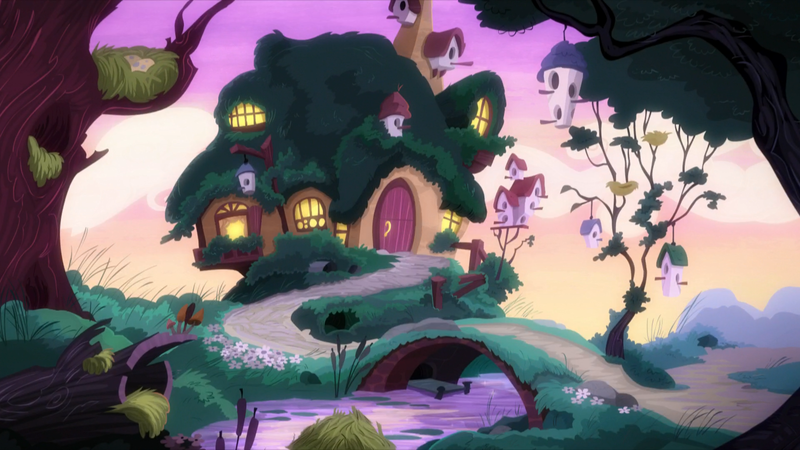 Size: 1920x1080 | Tagged: background, bird house, bird nest, bridge, castle sweet castle, cottage, derpibooru import, desktop background, egg, evening, fluttershy's cottage, house, nest, no pony, safe, scenery, scenery porn, screencap, season 5, tree, wallpaper