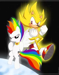 Size: 1713x2190 | Tagged: artist:domestic-hedgehog, commission, crossover, derpibooru import, rainbow dash, safe, sega, sonic the hedgehog, sonic the hedgehog (series), space, super rainbow dash, super sonic