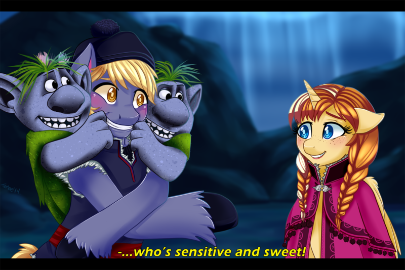 Size: 1499x1000 | Tagged: safe, artist:kikuri-tan, deleted from derpibooru, derpibooru import, ponified, alicorn, pony, anna, crossover, frozen (movie), kristoff, troll, trolls