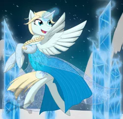 Size: 1000x971 | Tagged: safe, artist:evilfurryskull, derpibooru import, ponified, alicorn, pony, clothes, dress, elsa, frozen (movie), ice, magic, open mouth, smiling, snow, snowfall, solo, spread wings, wings