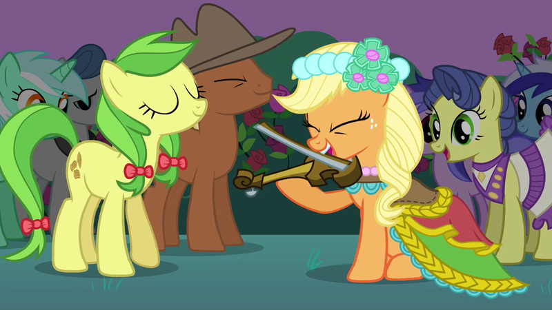 Size: 1280x720 | Tagged: a canterlot wedding, apple family member, apple fritter, applejack, clothes, derpibooru import, dress, fiddle, flower, love is in bloom, lyra heartstrings, masquerade, meadow song, minuette, orion, rose, safe, screencap, seafoam, sea swirl, shooting star (character)