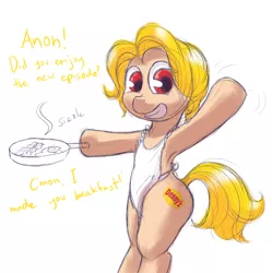 Size: 662x664 | Tagged: safe, artist:figgot, derpibooru import, oc, oc:anon, oc:denise, unofficial characters only, earth pony, pony, armpits, bacon, bacon and eggs, cooking, denny's, dialogue, egg (food), female, food, looking at you, mare, meat, simple background, solo, talking to viewer, waving, white background