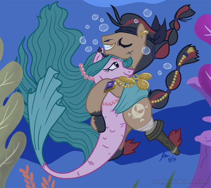 Size: 1000x891 | Tagged: amputee, artist:scruffytoto, captain hoofbeard, derpibooru import, gold tooth, hug, idw, idw showified, jewel (mermare), merpony, peg leg, prosthetic leg, prosthetic limb, prosthetics, safe, spoiler:comic, underwater