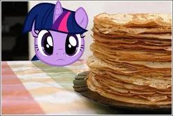 Size: 1200x806 | Tagged: safe, artist:dtkraus, derpibooru import, twilight sparkle, twilight sparkle (alicorn), alicorn, pony, castle sweet castle, behaving like a cat, crepe, eyes on the prize, female, food, frown, i'm pancake, irl, mare, pancakes, photo, ponies in real life, solo, twilight cat