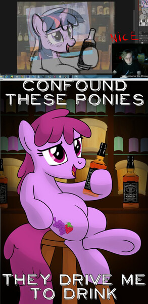 Size: 722x1480 | Tagged: safe, artist:drawponies, derpibooru import, berry punch, berryshine, twilight sparkle, earth pony, pony, unicorn, alcohol, applejack daniel's, background pony, caught, confound these ponies, drama, female, mare, trace, traceponies scandal, underhoof