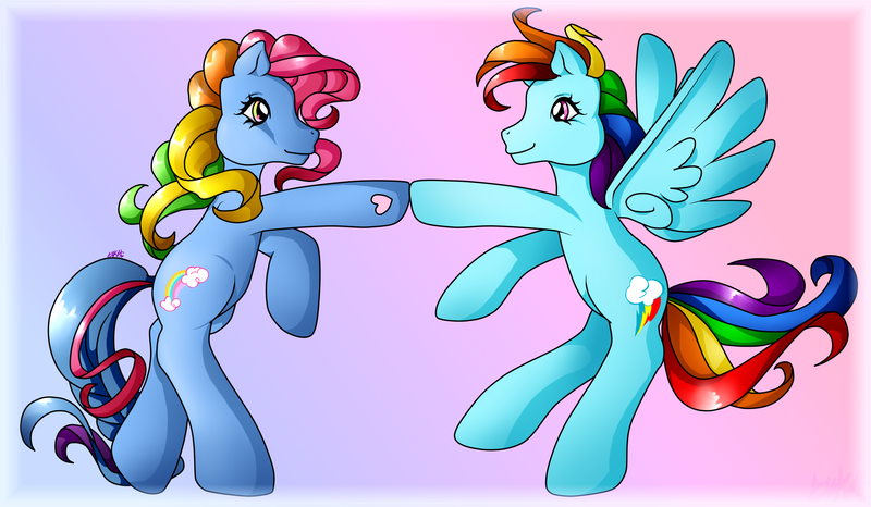 Size: 2203x1282 | Tagged: artist:prettywitchdoremi, derpibooru import, g3, g4 to g3, generational ponidox, generation leap, hoofbump, rainbow dash, rainbow dash (g3), safe