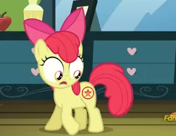 Size: 913x708 | Tagged: safe, derpibooru import, edit, apple bloom, earth pony, pony, apple, apple bloom's cutie mark, cutie mark, dresser, exploitable meme, food, mass effect, meme, open mouth, renegade, solo