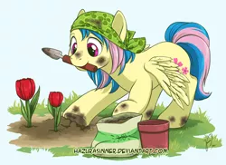 Size: 962x700 | Tagged: artist:hazurasinner, derpibooru import, gardening, magical lesbian spawn, mouth hold, oc, oc:harmony (hazurasinner), offspring, parent:fluttershy, parent:rainbow dash, parents:flutterdash, safe, solo, unofficial characters only