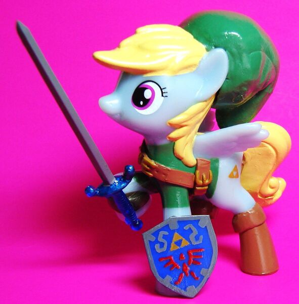 Size: 1576x1599 | Tagged: chirpy hooves, custom, derpibooru import, irl, link, mcdonald's happy meal toys, photo, safe, shield, sword, the legend of zelda, toy, weapon