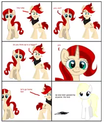 Size: 955x1128 | Tagged: 8chan, artist needed, caption, clothes, comic, derpibooru import, imageboard, image macro, implied death, meme, nazi, oc, oc:aryanne, oc:red pone (8chan), oc:ruby (8chan), op, op is a faggot, /pone/, scarf, semi-grimdark, simple background, text, unofficial characters only, vulgar