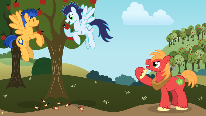 Size: 3840x2160 | Tagged: safe, artist:flashlighthouse, derpibooru import, big macintosh, flash sentry, soarin', earth pony, pony, apple, behaving like a bird, eating, flying, food, male, stallion