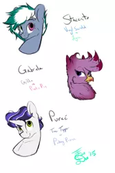 Size: 2000x3000 | Tagged: artist:farewelldecency, bust, crack ship offspring, derpibooru import, hippogriff, hybrid, interspecies offspring, magical gay spawn, magical lesbian spawn, oc, oc:gabriela, oc:pureé, oc:staccato, offspring, parent:gilda, parent:lyra heartstrings, parent:pinkie pie, parent:pokey pierce, parents:gildapie, parent:toe-tapper, parent:vinyl scratch, portrait, safe, unofficial characters only