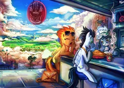 Size: 1329x940 | Tagged: safe, artist:jowybean, derpibooru import, soarin', spitfire, pegasus, pony, backwards cutie mark, bag, building, city, cloud, cloudsdale, coffee, drink, eyes closed, female, food, glasses, male, mare, open mouth, pie, restaurant, scenery, scenery porn, sky, sleepy, smiling, stallion, that pony sure does love pies, tree, yawn