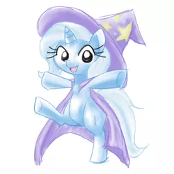 Size: 640x640 | Tagged: safe, artist:remyroez, derpibooru import, trixie, pony, unicorn, cape, clothes, female, hat, mare, simple background, solo, standing, standing on one leg, trixie's cape, trixie's hat, white background