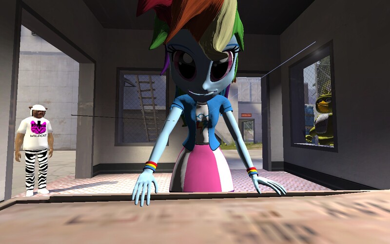 Size: 1280x800 | Tagged: safe, derpibooru import, rainbow dash, equestria girls, 3d, chica, crossover, faic, five nights at freddy's, gmod, grand theft auto, gta v, i am wildcat, smiling