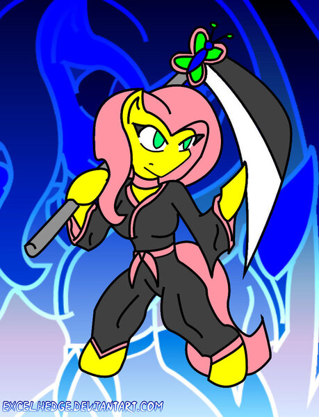 Size: 781x1022 | Tagged: anthro, artist:excelhedge, bipedal, bleach (manga), derpibooru import, fluttershy, safe, scythe, solo, weapon