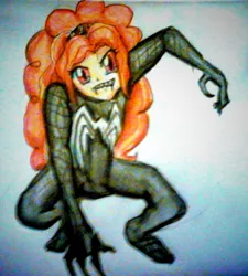 Size: 910x1011 | Tagged: safe, artist:@derpyh0oves, derpibooru import, adagio dazzle, equestria girls, clothes, cosplay, costume, marvel, marvel comics, sharp teeth, solo, spider-man, spider-man 3, teeth, venom