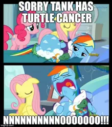 Size: 490x560 | Tagged: bad news fluttershy, bathrobe, cancer (disease), caption, clothes, comic, dashie slippers, derpibooru import, edit, edited screencap, fluttershy, rainbow dash, robe, safe, screencap, screencap comic, slippers, tank, tanks for the memories, tank slippers