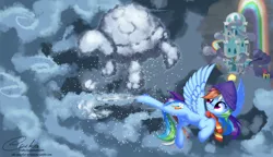 Size: 2000x1153 | Tagged: artist:esuka, clothes, cloud, cloud sculpting, cloudy, derpibooru import, flying, hat, rainbow dash, rainbow dash's house, safe, scarf, snow, snowfall, tank, tanks for the memories, winter