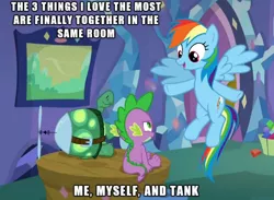 Size: 800x587 | Tagged: caption, derpibooru import, flying, image macro, meme, new rainbow dash, rainbow dash, safe, screencap, spike, spike's room, tank, tanks for the memories, text