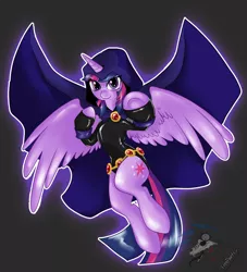 Size: 1600x1765 | Tagged: safe, artist:freepaints, derpibooru import, twilight sparkle, twilight sparkle (alicorn), alicorn, pony, dc comics, female, latex, mare, raven (teen titans), simple background, solo, spread wings, teen titans, twiraven, underhoof, voice actor joke, wings