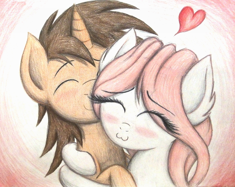 Size: 1024x815 | Tagged: safe, artist:thefriendlyelephant, derpibooru import, oc, oc:angelic grace (a.k.a bliss), oc:digital sketch, oc:whooves, unofficial characters only, pegasus, pony, unicorn, :3, cute, heart, hug, shipping, traditional art