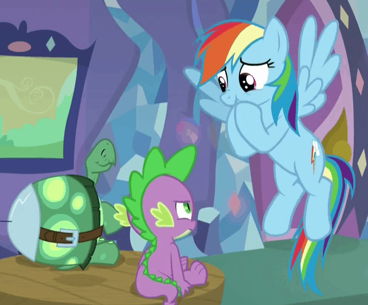 Size: 718x596 | Tagged: safe, derpibooru import, screencap, rainbow dash, spike, tank, tanks for the memories, animated, cute, dashabetes, girly, scrunchy face, spike's room