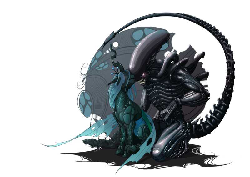 Size: 3507x2480 | Tagged: alien, alien (franchise), artist:rem-jericho, blushing, crossover, crossover shipping, derpibooru import, eyes closed, female, male, queen chrysalis, safe, shipping, straight, xenomorph